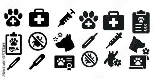 Collection of medical symbols and icons, including a stethoscope, a syringe, a medical bag, and a clipboard