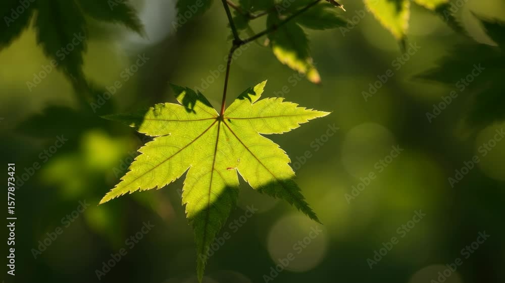 Closeup green maple leaf highlighted by sunlight Closeup green maple leaf highlighted by sunlight