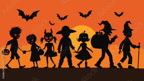 Children in halloween costumes walking together at sunset with bats flying