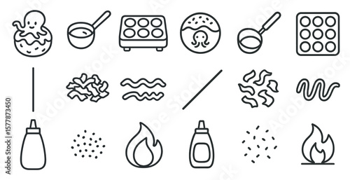 Series of food items are shown in a black and white style. The items include a bottle, a bowl, a spoon, a pan, and a knife. Concept of cooking and preparing food