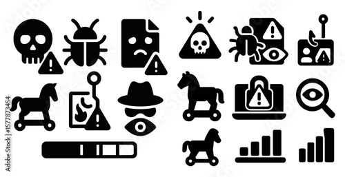 Collection of black and white icons that represent various security threats. The icons include a skull, a bug, a horse, a magnifying glass, and a key. Scene is serious and cautionary