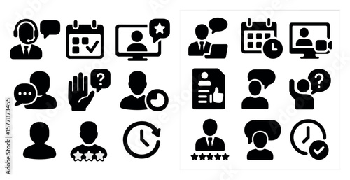 Collection of icons that represent various office tasks and communication. The icons include a person with a headset, a person with a laptop, a person with a calendar, and a person with a hand