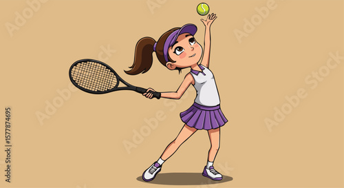 Young Girl Tennis Player Hitting Ball with Racket Dynamic Sports Action Cartoon Illustration