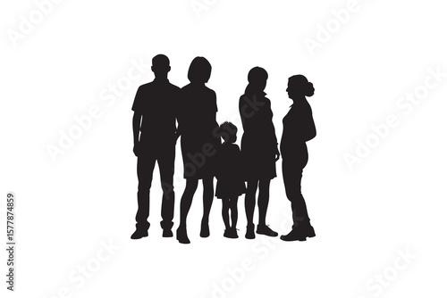 Silhouette of a family group with two parents two women and a child standing together on a white background in a simple vector illustration