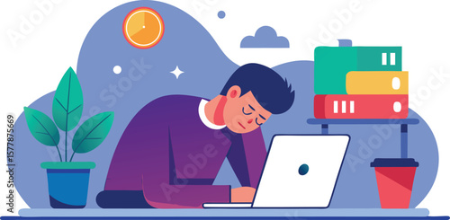 Tired student falls asleep at desk while studying late at night