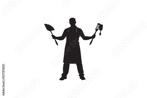 Silhouette of a Chef Holding Cooking Utensils Spatula and Turner