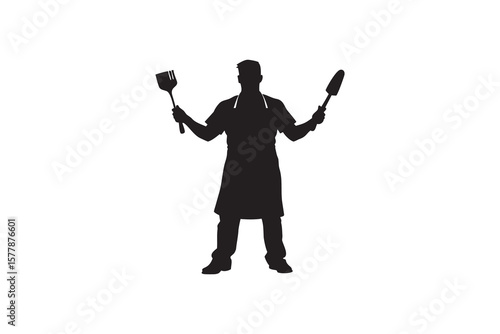 Silhouette of a Male Chef Holding a Spatula and a Tongs Cooking Utensils