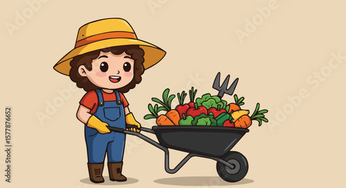 Cartoon Farmer Girl with Wheelbarrow Full of Vegetables
