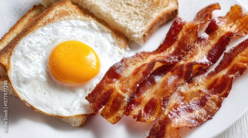 Bacon strips lined on a breakfast tray with eggs, toast removed for isolated bacon