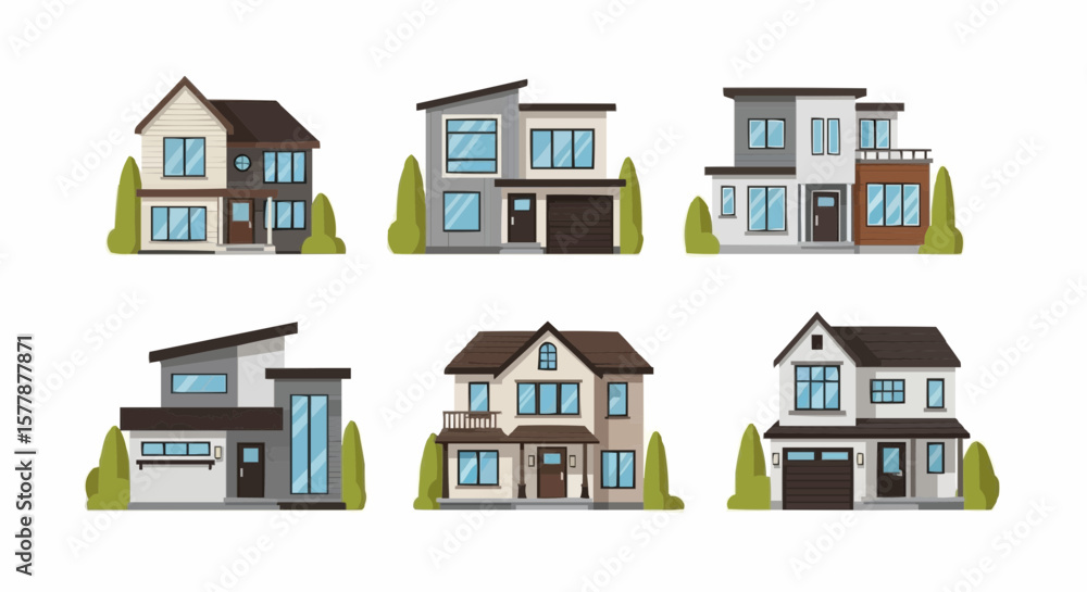 Fototapeta premium Modern Private Houses in Various Architectural Styles Vector Illustration
