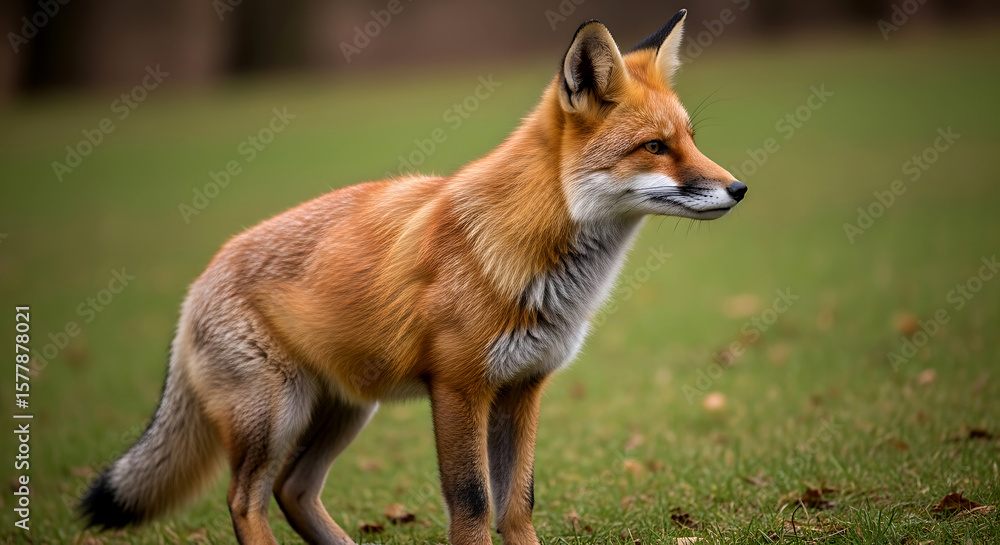 Fototapeta premium Beautiful Red Fox Standing on Grass in Nature, Observing the Surroundings with Alert Expression.