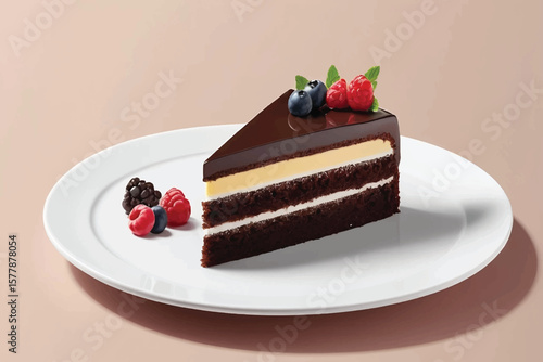 Chocolate cake slice isolated background. Patisserie bakery pastry shop menu dessert, vibrant colorful classic delicacy on white plate