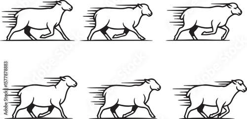 running sheep silhouette vector, black and white sheep in motion, minimalistic sheep running illustration, sheep sprint side view silhouette, farm animal in action vector, tribal sheep running design,