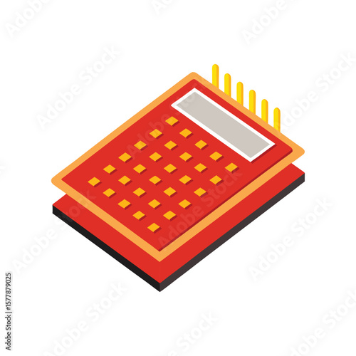A calculator on a white background with a notebook and pen among other items