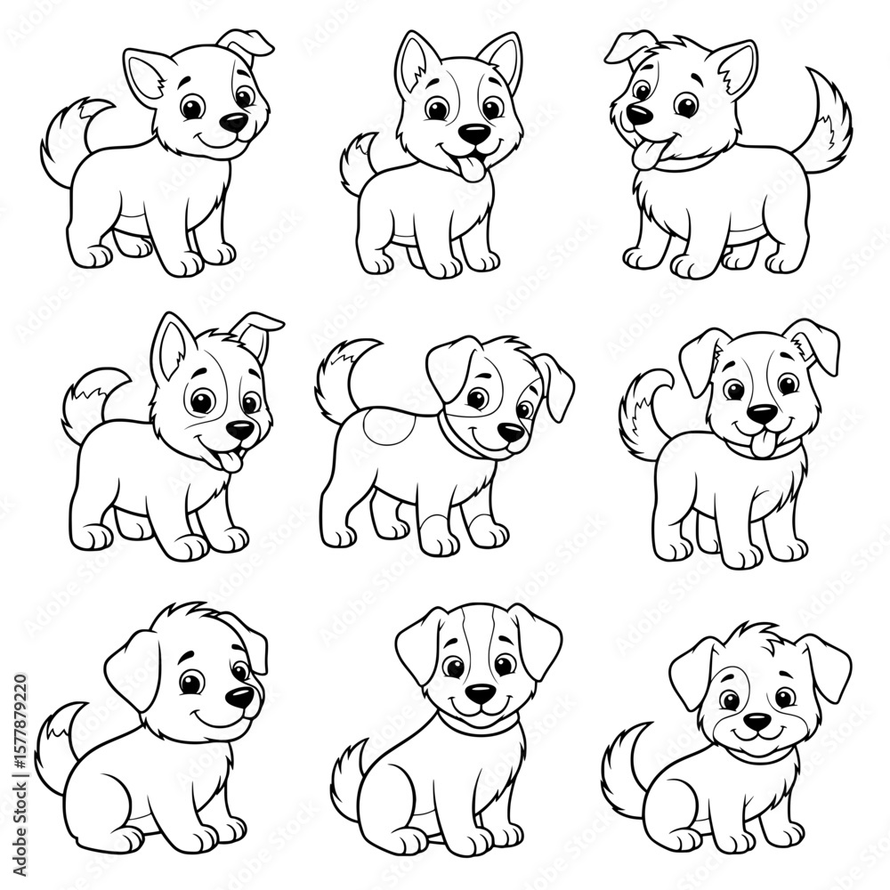 Obraz premium A charming vector collection of nine adorable cartoon puppies in various playful poses, rendered in a clean black and white outline style.