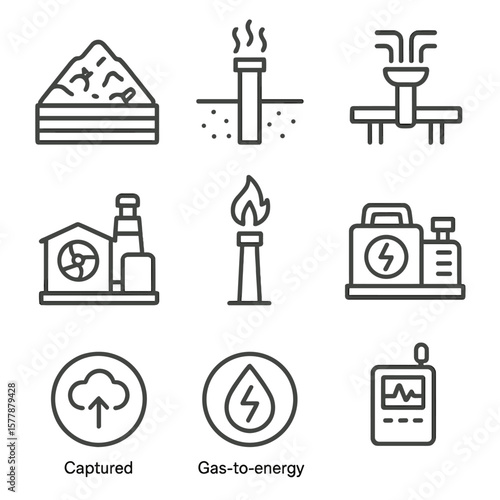 Landfill Gas Recovery Icons. Line style icons of landfill gas recovery: landfill site, gas well pipe, gas collection network,