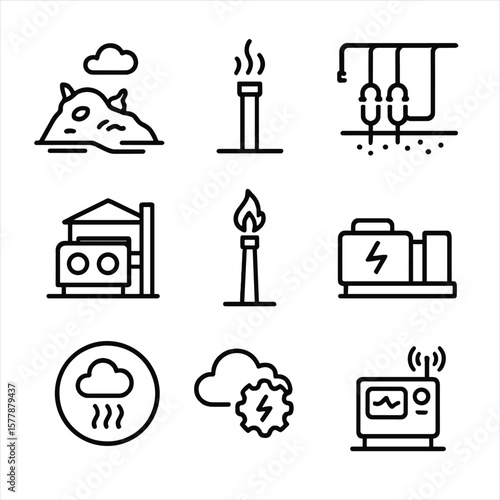 Landfill Gas Recovery Icons. Line style icons of landfill gas recovery: landfill site, gas well pipe, gas collection network,
