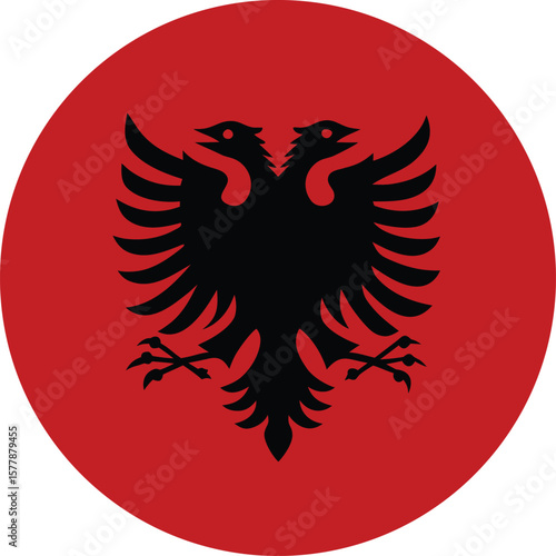Round Albania flag icon vector with black eagle, flat red design isolated