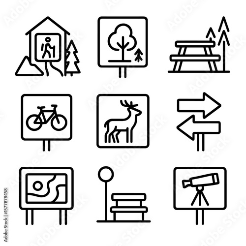 Park Trail Icons. Line style icons of park and trail signs: hiking trailhead, nature walk sign, picnic area icon, bicycle route