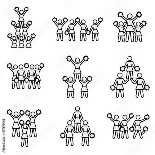 Cheerleading Formations Icons. Line style icons of cheerleading formations: triangle formation, line formation, diagonal line,