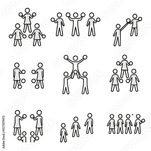 Cheerleading Formations Icons. Line style icons of cheerleading formations: triangle formation, line formation, diagonal line,