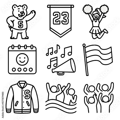 Cheerleading Icons Collection. Line style icons of school spirit cheerleading: school mascot pose, class banner, homecoming cheer,