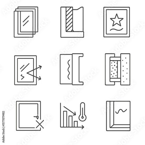 Energy-Efficient Window Icons. Line style icons of energy-efficient windows: triple-glazed unit, thermal break frame, energy star
