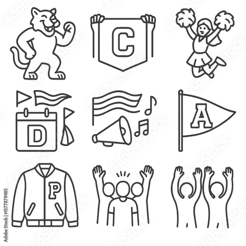 Cheerleading Icons Collection. Line style icons of school spirit cheerleading: school mascot pose, class banner, homecoming cheer,
