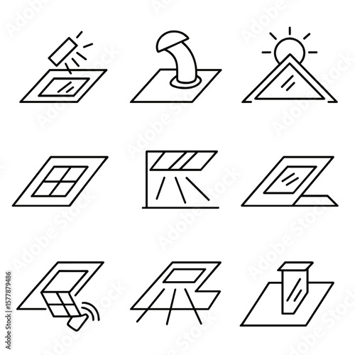 Rooftop Window Icons. Line style icons of rooftop windows and light: roof skylight, solar tube icon, attic sun window, rooftop