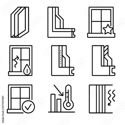 Energy-Efficient Window Icons. Line style icons of energy-efficient windows: triple-glazed unit, thermal break frame, energy star