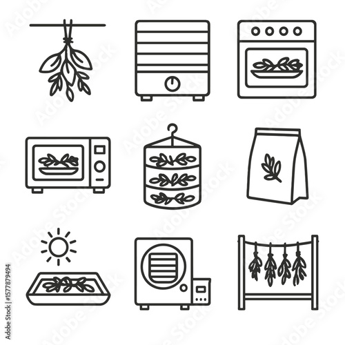 Herb Drying Methods Icons. Line style icons of herb dehydration methods: hanging herbs bundle, tray dehydrator, oven drying rack,