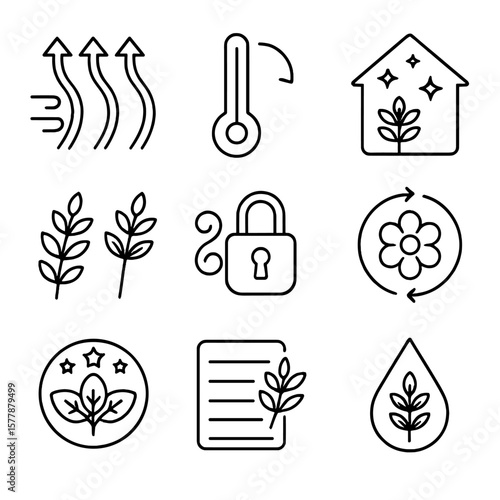 Aroma Preservation Icons. Line style icons of preserving aroma and color: proper airflow arrows, low heat setting, dark drying