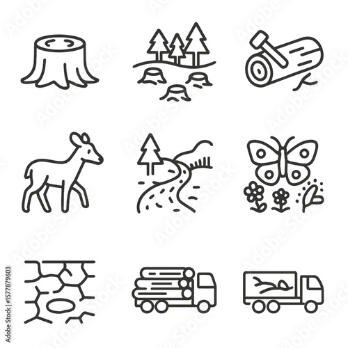 Deforestation Impact Icons. Line style icons of deforestation impact: cut tree stump, cleared forest area, fallen log icon,