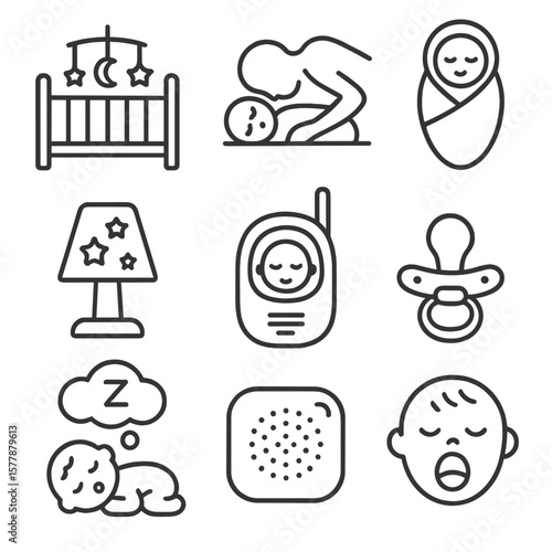 Baby Sleep Icons. Line style icons of baby sleep and rest: crib with mobile, co-sleeping icon, swaddled sleeper, nightlight with