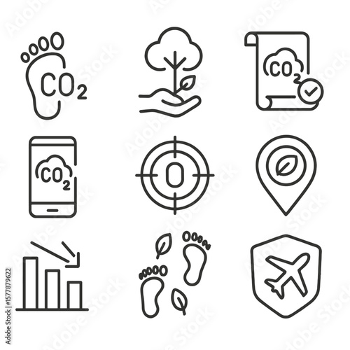 Carbon Offset Icons. Line style icons of carbon footprint and offset: carbon footprint icon, offset tree planting, carbon credit