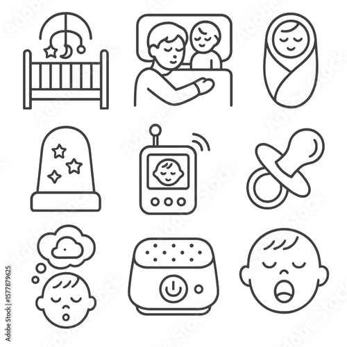 Baby Sleep Icons. Line style icons of baby sleep and rest: crib with mobile, co-sleeping icon, swaddled sleeper, nightlight with