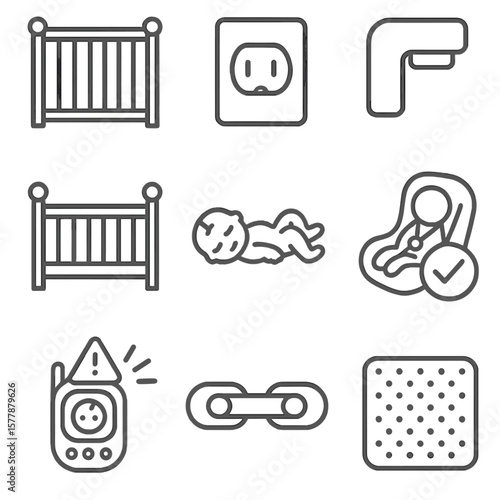 Baby Safety Icons. Line style icons of baby safety: baby gate, outlet cover, corner protector, car seat safety check, crib with