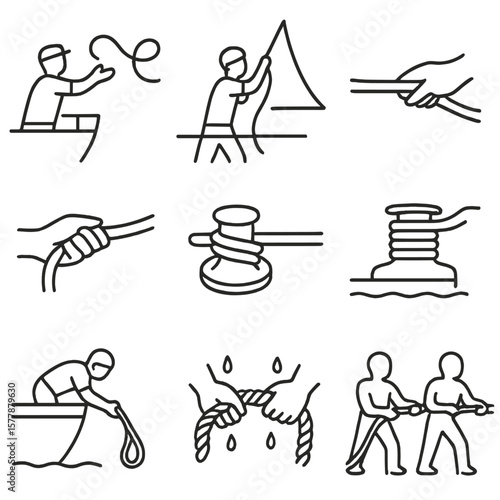 Sea Rope Icons. Line style icons of rope handling at sea: throwing rope from deck, pulling rope for sail, tying off rope to cleat,