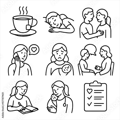 Parental Emotional Care Icons. Line style icons of emotional care for parents: self-care tea cup, rest icon for mom, partner