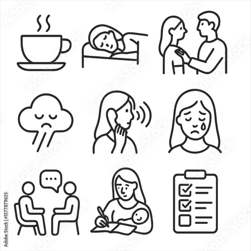Parental Emotional Care Icons. Line style icons of emotional care for parents: self-care tea cup, rest icon for mom, partner
