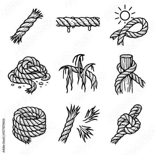 Nautical Rope Icons. Line style icons of weathered nautical rope: frayed rope ends, salt crust on rope, sun-damaged rope, wet rope