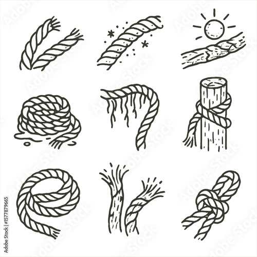 Nautical Rope Icons. Line style icons of weathered nautical rope: frayed rope ends, salt crust on rope, sun-damaged rope, wet rope
