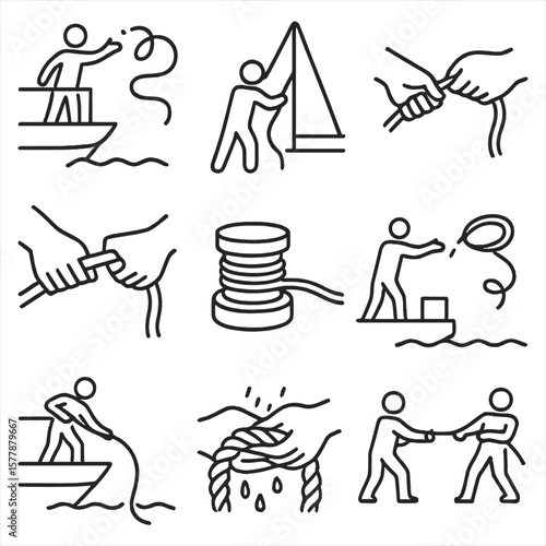 Sea Rope Icons. Line style icons of rope handling at sea: throwing rope from deck, pulling rope for sail, tying off rope to cleat,