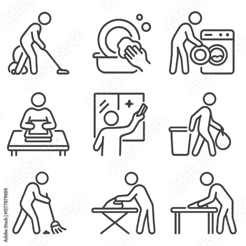 Household Chores Icons. Line style icons of household chores silhouettes: vacuuming floor, washing dishes, doing laundry, folding