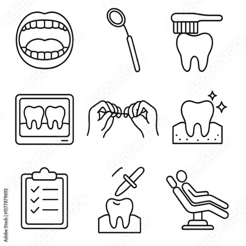 Dental Wellness Icons. Line style icons of dental wellness check: open mouth exam, dentist mirror tool, brushing teeth icon,