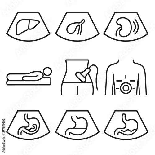 Abdominal Ultrasound Icons. Line style icons of abdominal ultrasound: liver scan symbol, gallbladder outline, kidney with wave