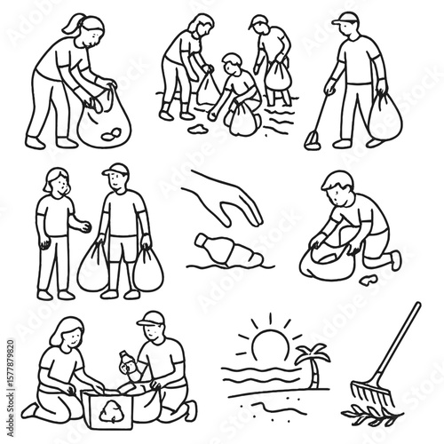 Beach Cleanup Icons. Line style icons of beach cleanup activities: volunteer picking up trash, group cleaning shoreline, person