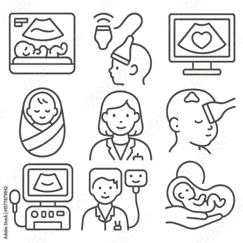 Pediatric Ultrasound Icons. Line style icons of pediatric and neonatal ultrasound: baby in incubator with scan, small probe for