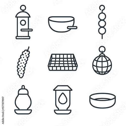 Bird Feeding Icons. Line style icons of bird feeding items: hanging seed feeder, water perch bowl, fruit skewer icon, bird millet
