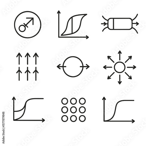 Magnetic Behavior Icons. Line style icons of magnetic materials and behavior: ferromagnetic symbol, hysteresis loop diagram,